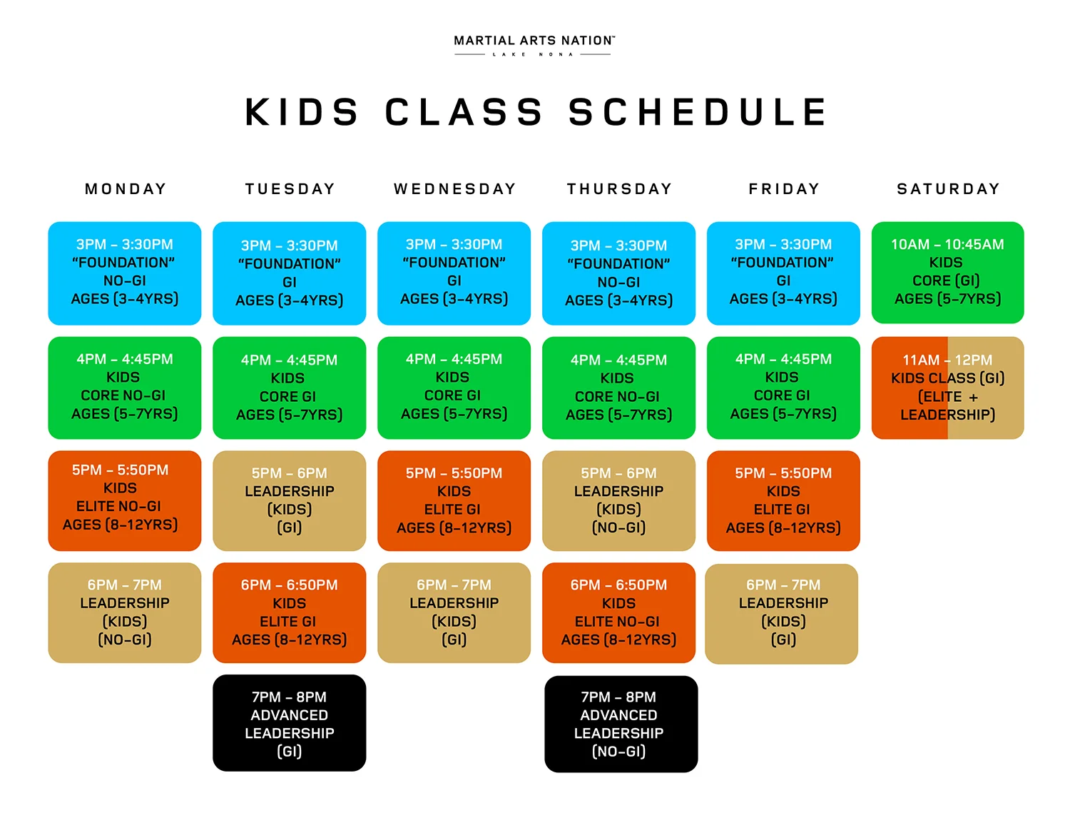 Kids Brazilian Jiu Jitsu Class Schedule